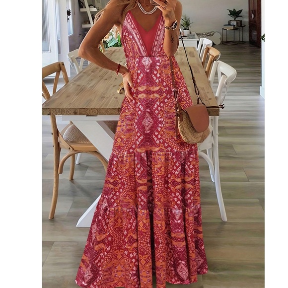 Dresses & Skirts - Boho Paisley Print High waist V neck Maxi Dress